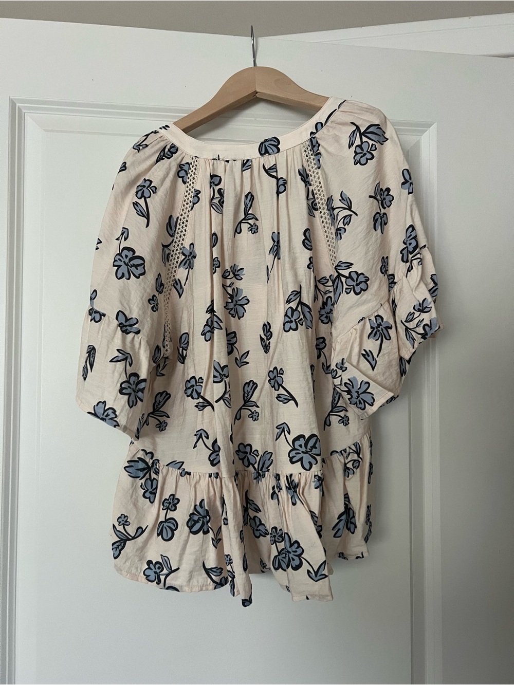 Peasant Floral Button-Front Blouse - Cream with Blue Floral - Picture 4 of 5